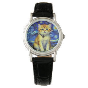 Niedlich Kitten Starry Night Van Gogh Armbanduhr