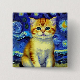 Niedlich Kitten Starry Night Van Gogh Button