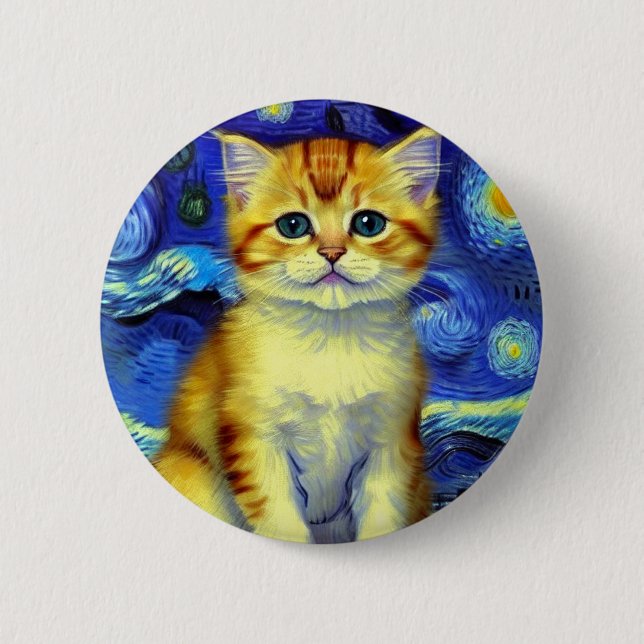 Niedlich Kitten Starry Night Van Gogh Button (Vorderseite)