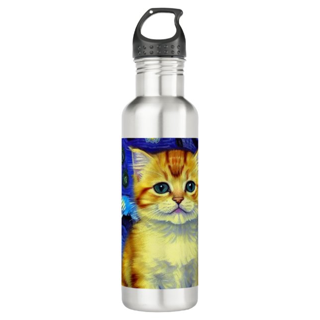 Niedlich Kitten Starry Night Van Gogh Edelstahlflasche (Vorderseite)
