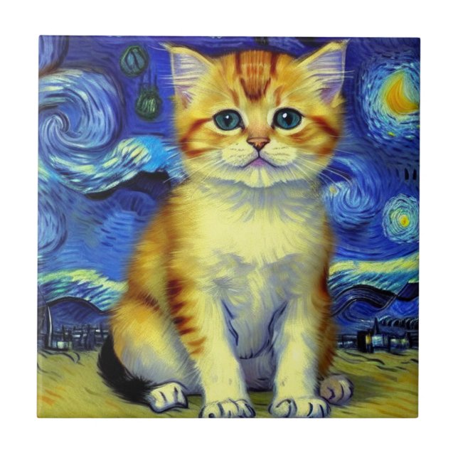 Niedlich Kitten Starry Night Van Gogh Fliese (Vorderseite)
