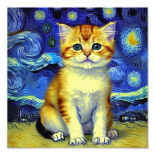 Niedlich Kitten Starry Night Van Gogh Fotodruck