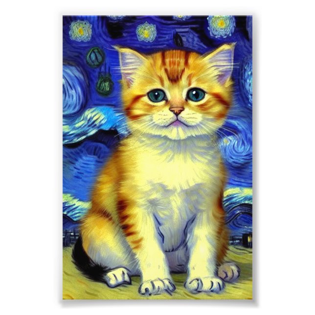 Niedlich Kitten Starry Night Van Gogh Fotodruck (Vorne)