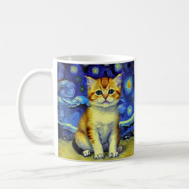 Niedlich Kitten Starry Night Van Gogh Kaffeetasse (Links)