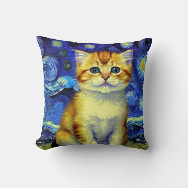 Niedlich Kitten Starry Night Van Gogh Kissen (Vorderseite)