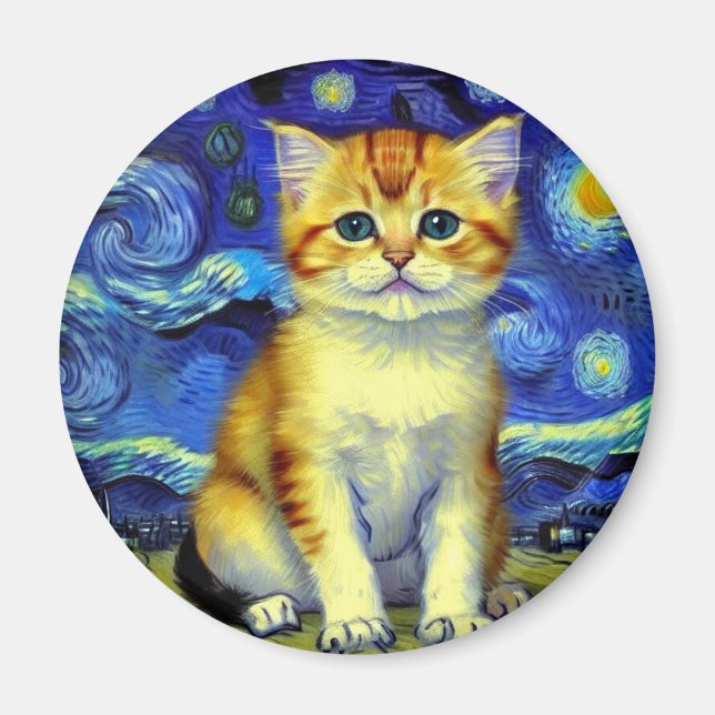 Niedlich Kitten Starry Night Van Gogh Magnet (Vorne)