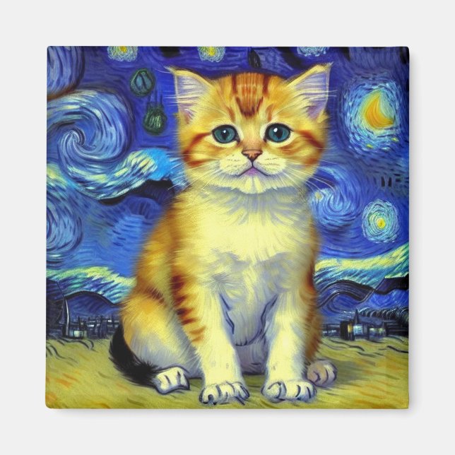 Niedlich Kitten Starry Night Van Gogh Magnet (Vorne)