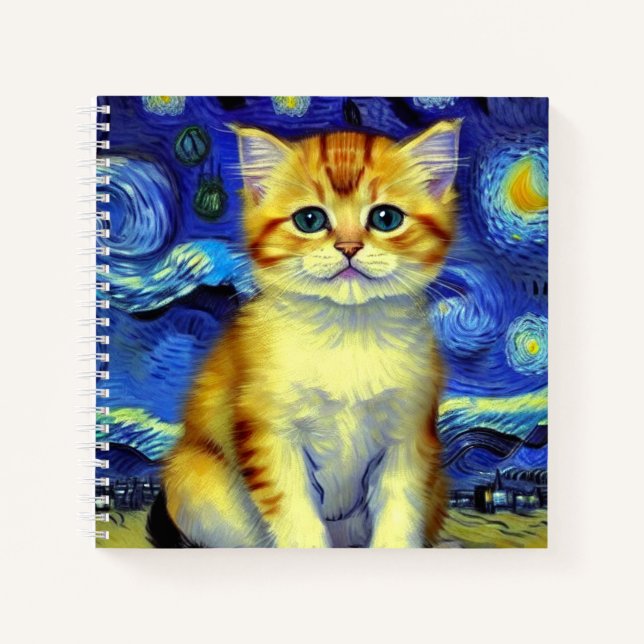 Niedlich Kitten Starry Night Van Gogh Notizbuch (Vorderseite)