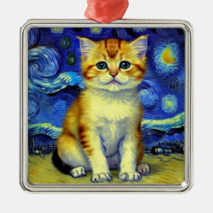 Niedlich Kitten Starry Night Van Gogh Ornament Aus Metall