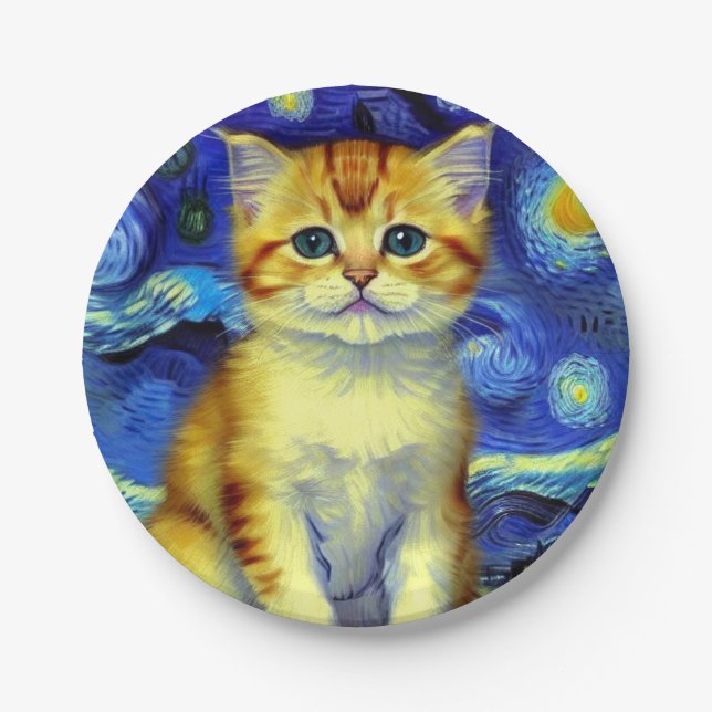 Niedlich Kitten Starry Night Van Gogh Pappteller (Vorderseite)