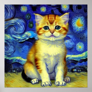 Niedlich Kitten Starry Night Van Gogh Poster