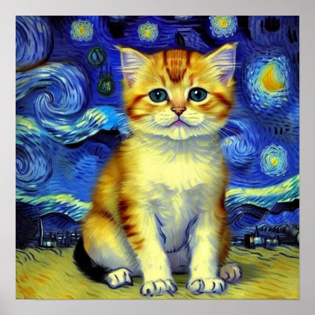 Niedlich Kitten Starry Night Van Gogh Poster (Vorne)
