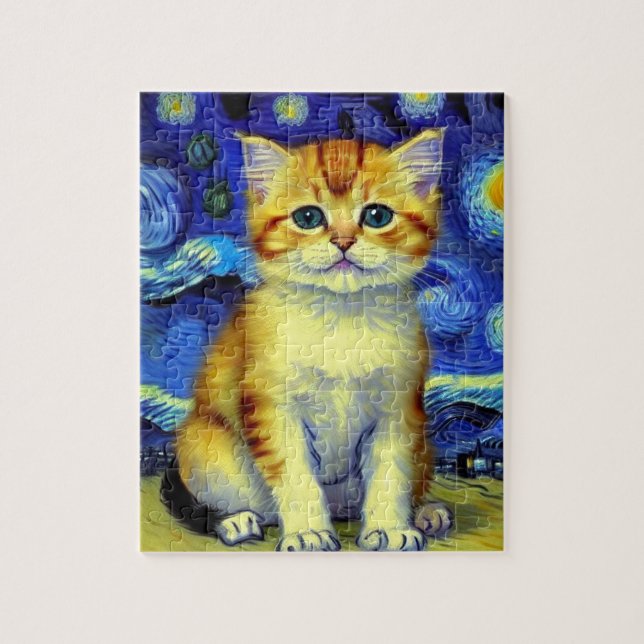 Niedlich Kitten Starry Night Van Gogh Puzzle (Vertikal)