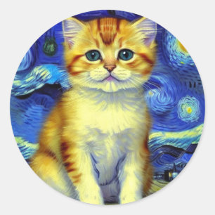 Niedlich Kitten Starry Night Van Gogh Runder Aufkleber