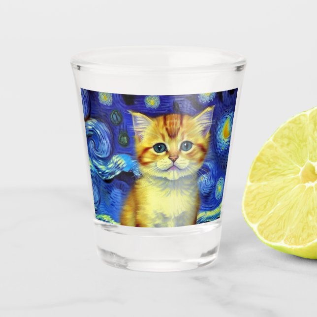 Niedlich Kitten Starry Night Van Gogh Schnapsglas (Vorderseite)