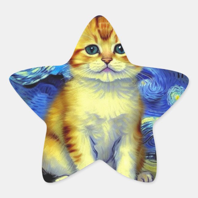 Niedlich Kitten Starry Night Van Gogh Stern-Aufkleber (Vorderseite)