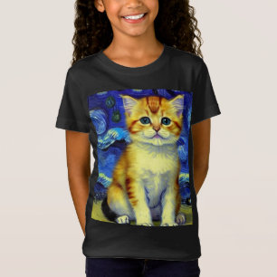 Niedlich Kitten Starry Night Van Gogh T-Shirt