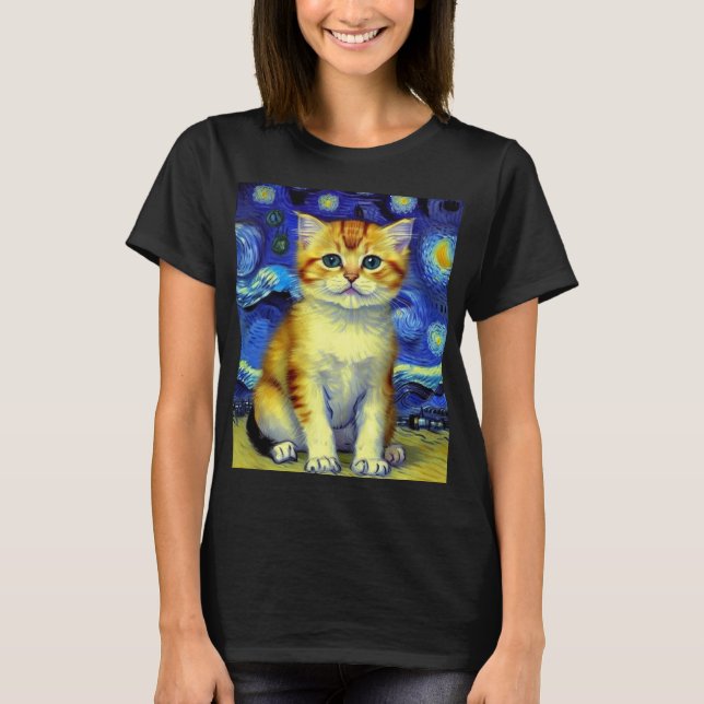 Niedlich Kitten Starry Night Van Gogh T-Shirt (Vorderseite)