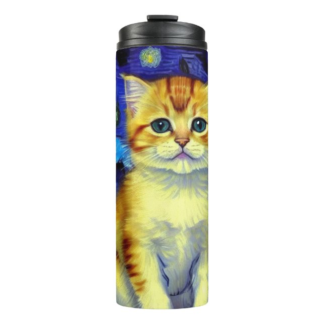 Niedlich Kitten Starry Night Van Gogh Thermosbecher (Vorderseite)
