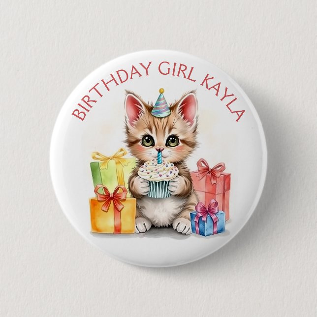 Niedlich Kitten themed Birthday Girl Personalisier Button (Vorderseite)