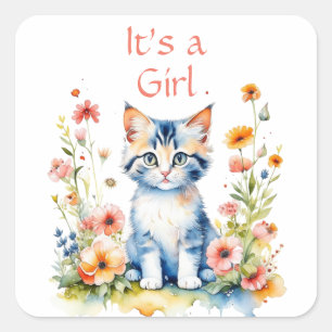 Niedlich Kitten Themed Es ist eine Girl Baby Dusch Quadratischer Aufkleber