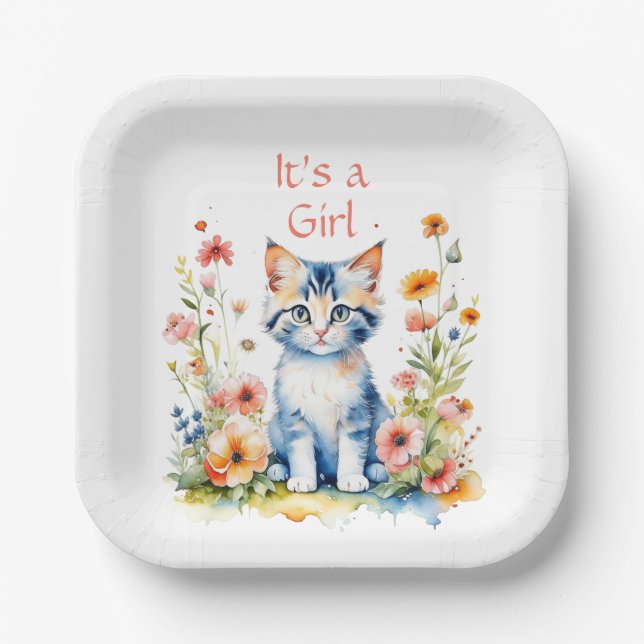 Niedlich Kitten Themed Girl's Baby Shower Pappteller (Vorderseite)