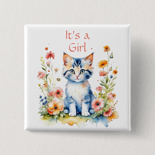 Niedlich Kitten Themed It's a Girl Button (Vorderseite)
