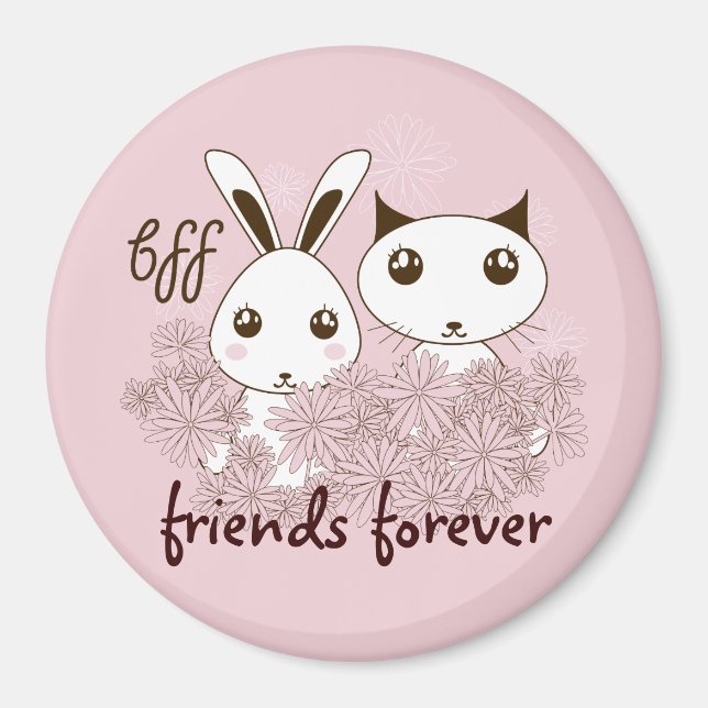 Niedlich Kitten und Bunny Friends Forever Girl Pin Magnet (Vorne)