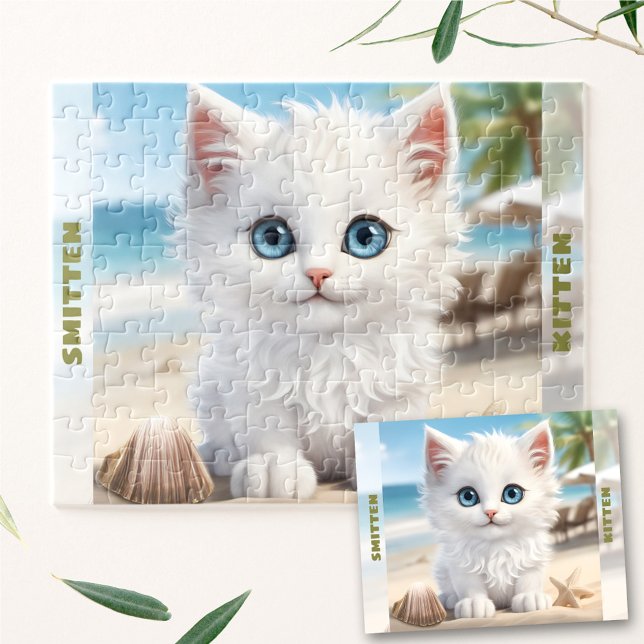 Niedlich Kitten White Cat Beach Sommer Individuell Puzzle (Cute Kitten White Cat Beach Summer Custom Name Jigsaw Puzzle)