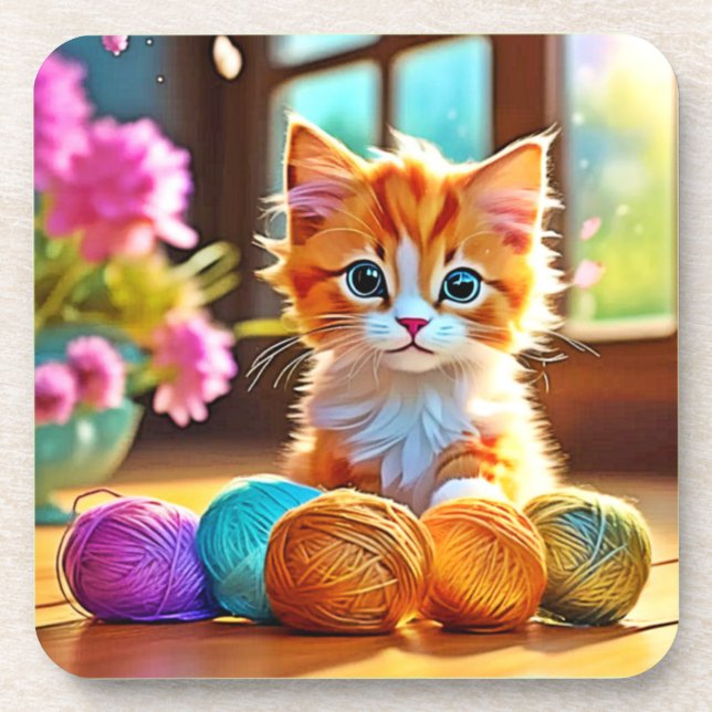Niedlich Kitten Yarn Getränkeuntersetzer (Vorderseite)