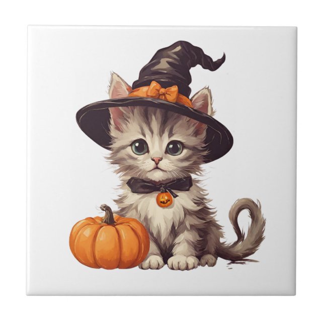 Niedlich Kitten zu Halloween-Hexenkostüm Fliese (Vorderseite)