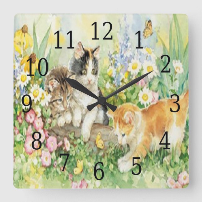 Niedlich Kittens Square Clock Quadratische Wanduhr (Vorderseite)