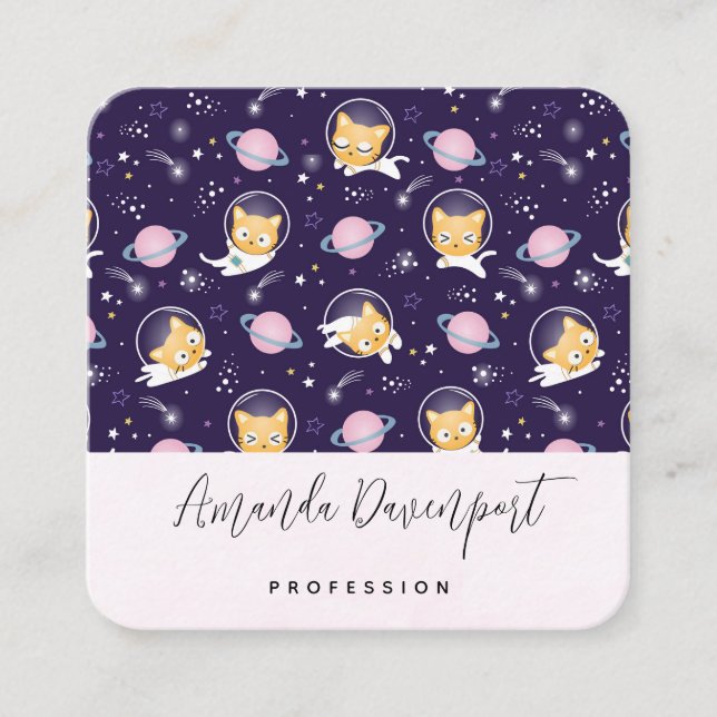 Niedlich Kitty Cat Astronauten Muster Quadratische Visitenkarte (Vorderseite)