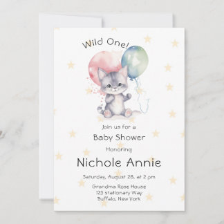 Niedlich Kitty Cat Balloons Wild 1 1. Geburtstag Einladung