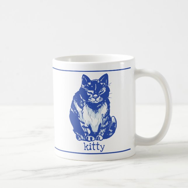 Niedlich Kitty Cat Blue White Farmhouse Rustikal Kaffeetasse (Rechts)
