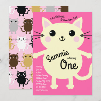 Niedlich Kitty Cat Colorful 1. Geburtstag Einladun Einladung