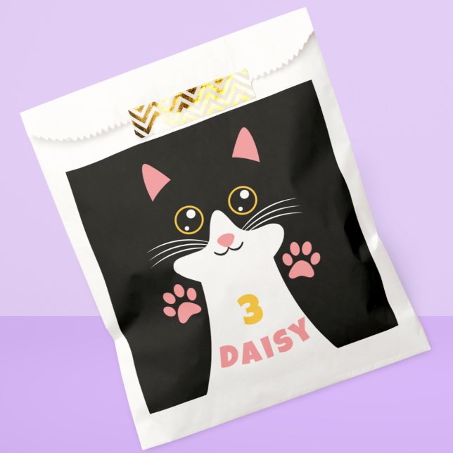 Niedlich Kitty Cat Kid's Geburtstagsparty Geschenktütchen (Cute kitty cat favor bag with custom name and age kid's birthday parties)