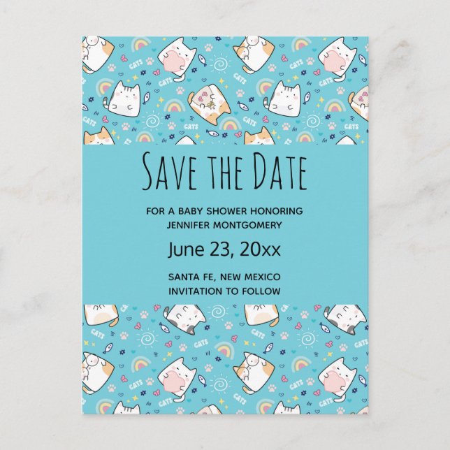Niedlich Kitty Cat Pattern Whimsical Save the Date Einladungspostkarte (Vorderseite)
