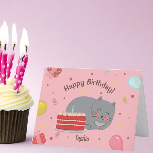 Niedlich Kitty Cat Pink Geburtstagsparty Karte (Von Creator hochgeladen)