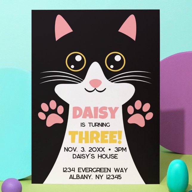 Niedlich Kitty Cat Themenabend Kindergeburtstag Ei Einladung (Cute Kitty Cat kid's birthday invitation with custom details. Oversized cat face with cute paw print)