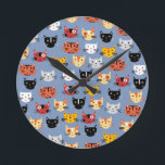 Niedlich Kitty Cats Fun Muster blau Runde Wanduhr<br><div class="desc">Viele niedliche skurrile Katzengesichte auf blauem Hintergrund. Purfekt für Liebhaber von Haustieren.</div>