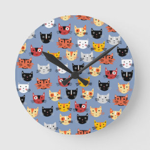 Niedlich Kitty Cats Fun Muster blau Runde Wanduhr