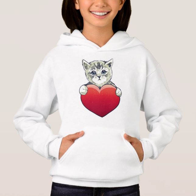 Niedlich Kitty Face Cat Red Heart Hoodie (Vorderseite)