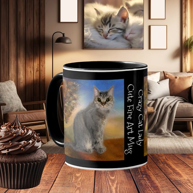 Niedlich Kitty Fine Art Tasse (Cute mug featuring a painting of a grey kitty cat in a colorful landscape scene)