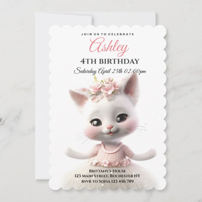 Niedlich Kitty in rosa Kleid Einladung (Vorderseite)