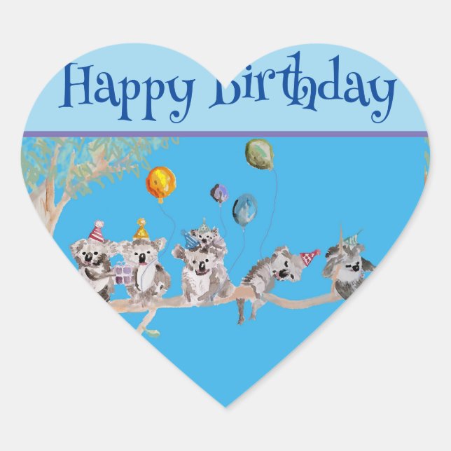 Niedlich Koala Koalas Blue Kinder Happy Birthday Herz-Aufkleber (Vorderseite)