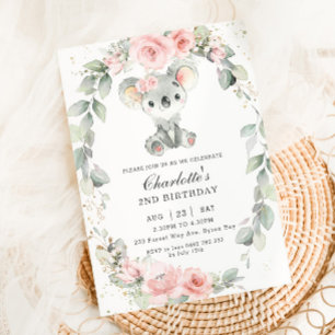 Niedlich Koala Pink Blumenweide Grüne Geburtstag Einladung