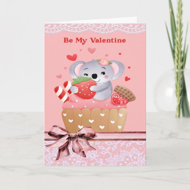 Niedlich Koala und Cupcake Valentine Karte (Vorderseite)