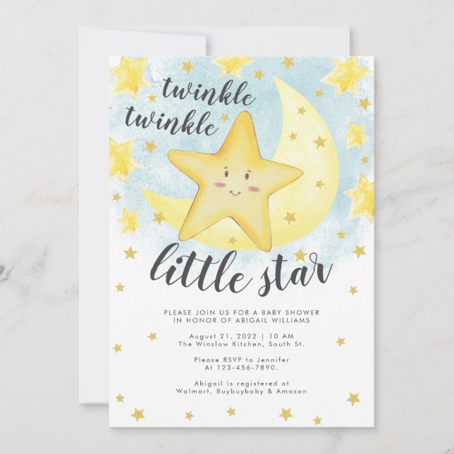Niedlich Lächeln Gold Twinkle Little Star Baby Dus Einladung (Vorderseite)