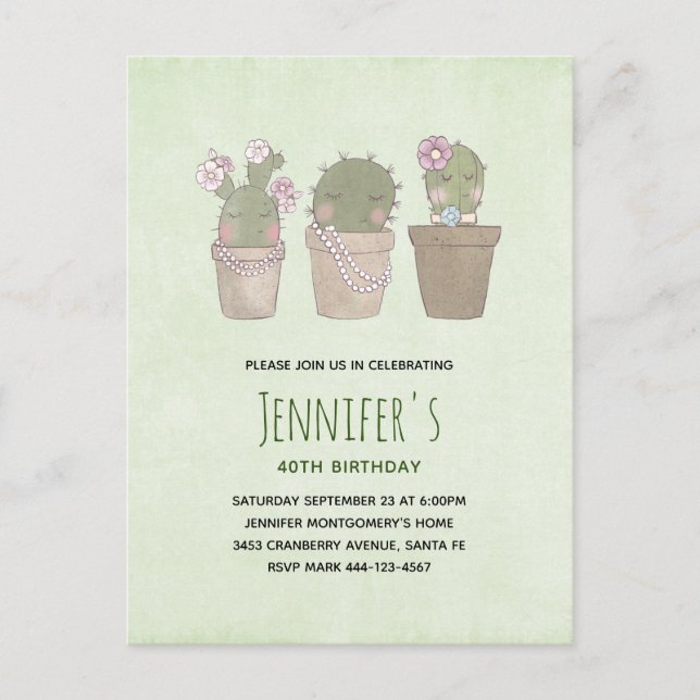Niedlich Lächelnd Cactus Trio Watercolor Geburtsta Einladungspostkarte (Vorderseite)
